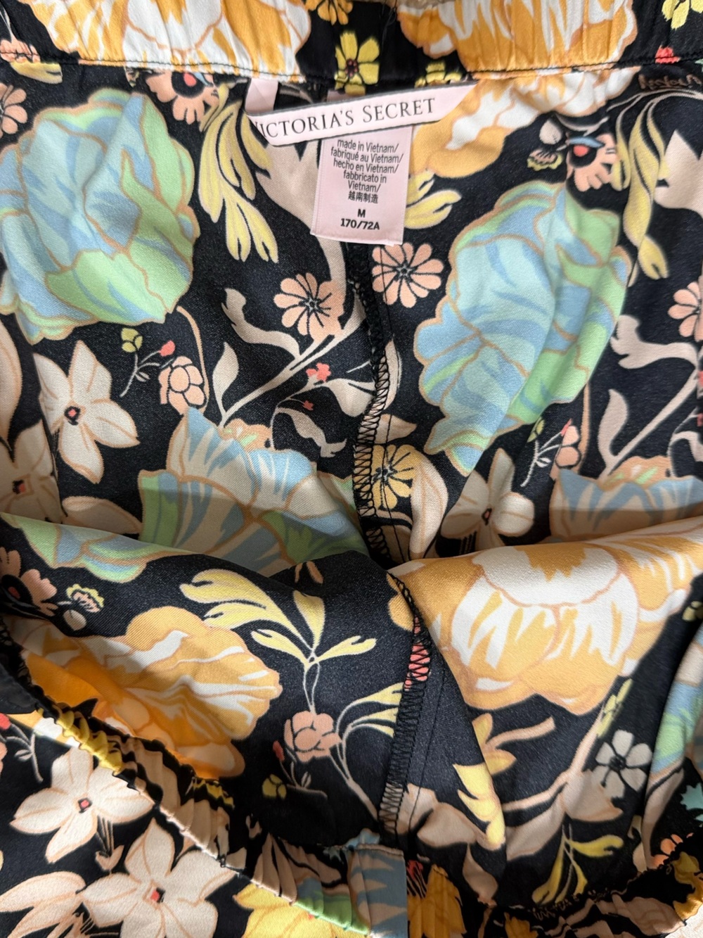 Victoria's Secret Satin Black Floral  with Pastel Blooms Flounce Pajama Set - Picture 9 of 10